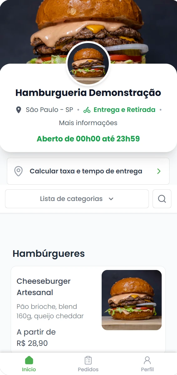 Cardápio digital da loja no celular, com foto, descrição e preço dos produtos