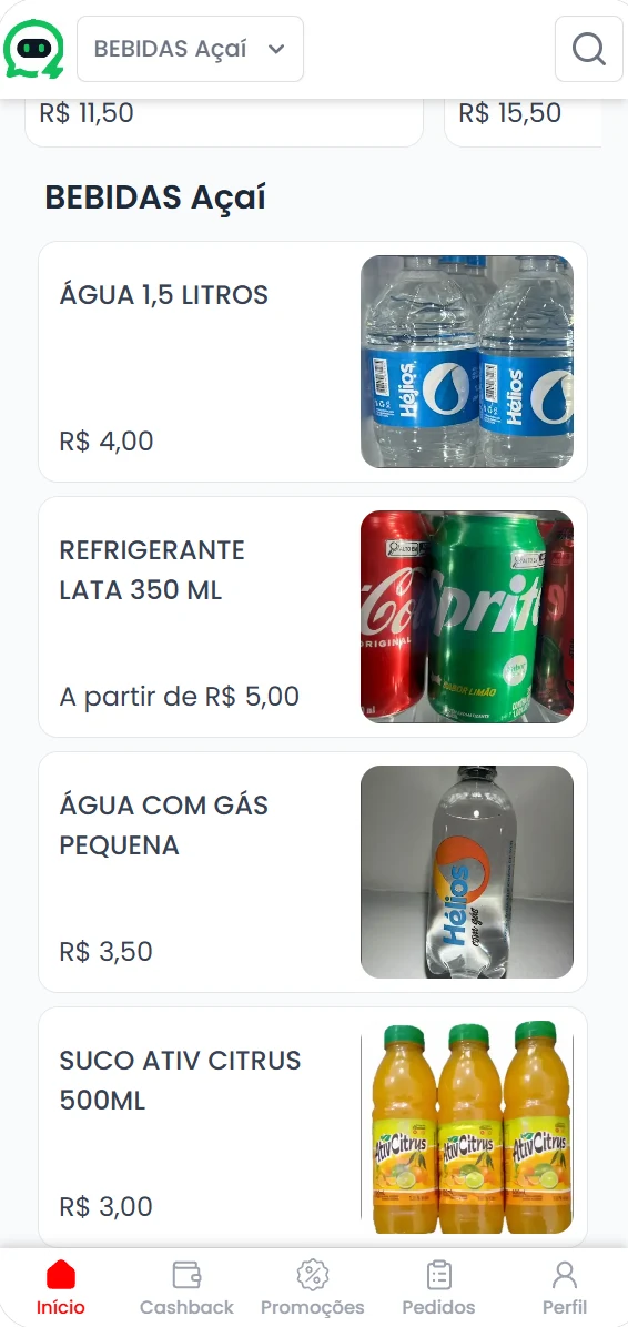 Cardápio digital da loja: lista de bebidas com foto e preço