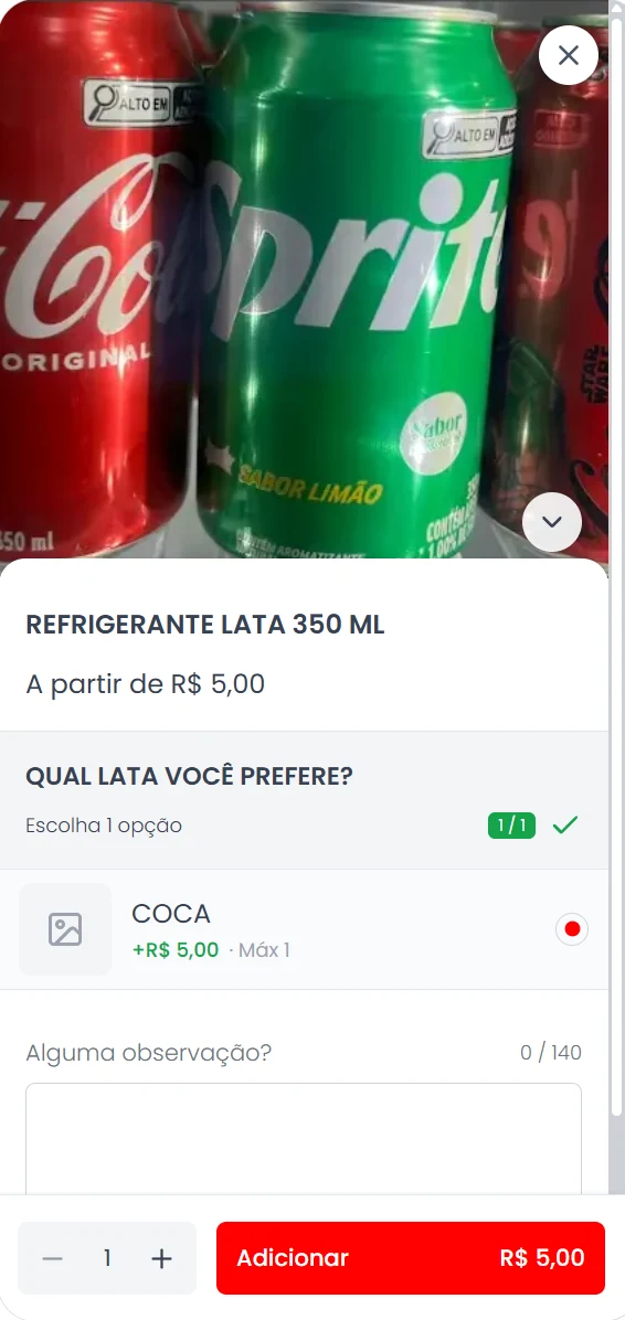 Cardápio digital da loja: opções do produto escolhido e botão Adicionar