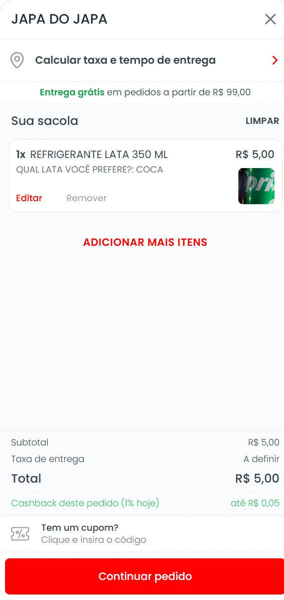 Cardápio digital da loja: sacola com total, cashback e botão Continuar pedido