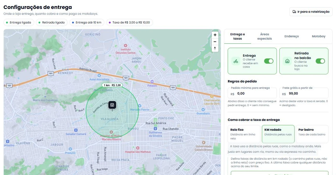 Tela de configuração de entrega do Ai Pedido, com mapa e raio de entrega