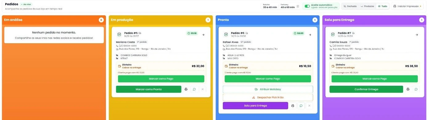 Gestor de pedidos do Ai Pedido com as colunas Em análise, Em produção, Pronto e Saiu para entrega