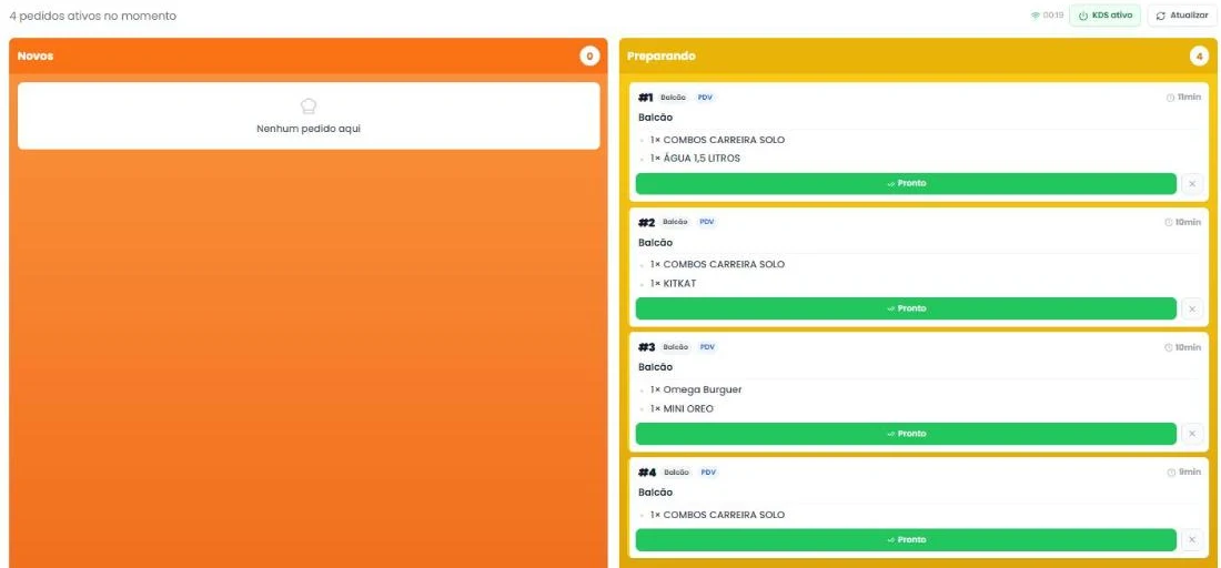 KDS do Ai Pedido: monitor de preparo com os pedidos da cozinha em tempo real