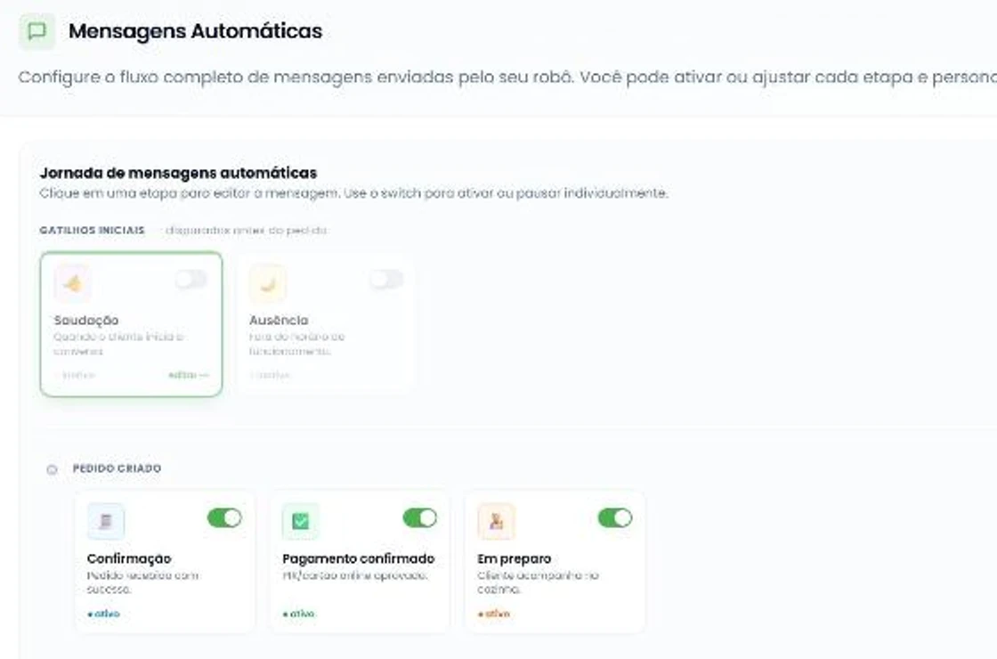 Telas de personalização das mensagens automáticas do robô: saudação, confirmação, pagamento confirmado e em preparo