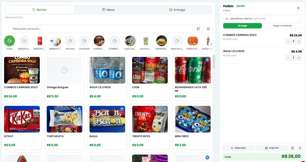 PDV do Ai Pedido com produtos, fotos e carrinho do pedido