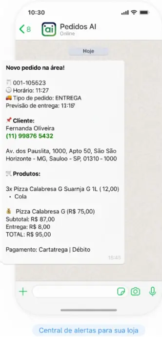 Celular recebendo no WhatsApp a notificação de um novo pedido com cliente, endereço e itens