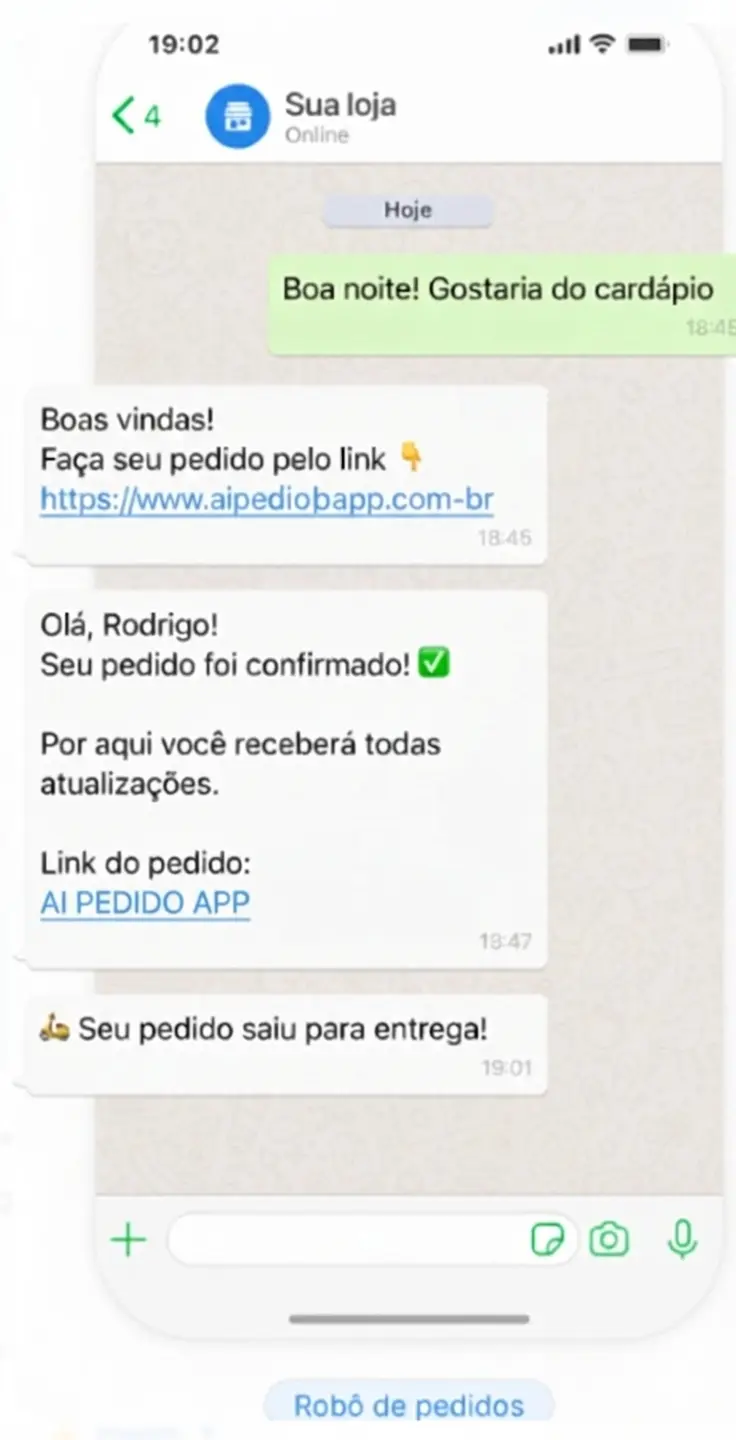 Conversa de WhatsApp com o robô de pedidos do Ai Pedido